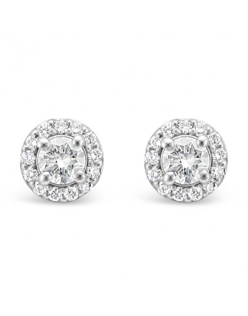 Diamond Cluster Earrings With A Centre Round Brilliant Cut Diamond Set in 18ct White Gold. Tdw 0.55ct